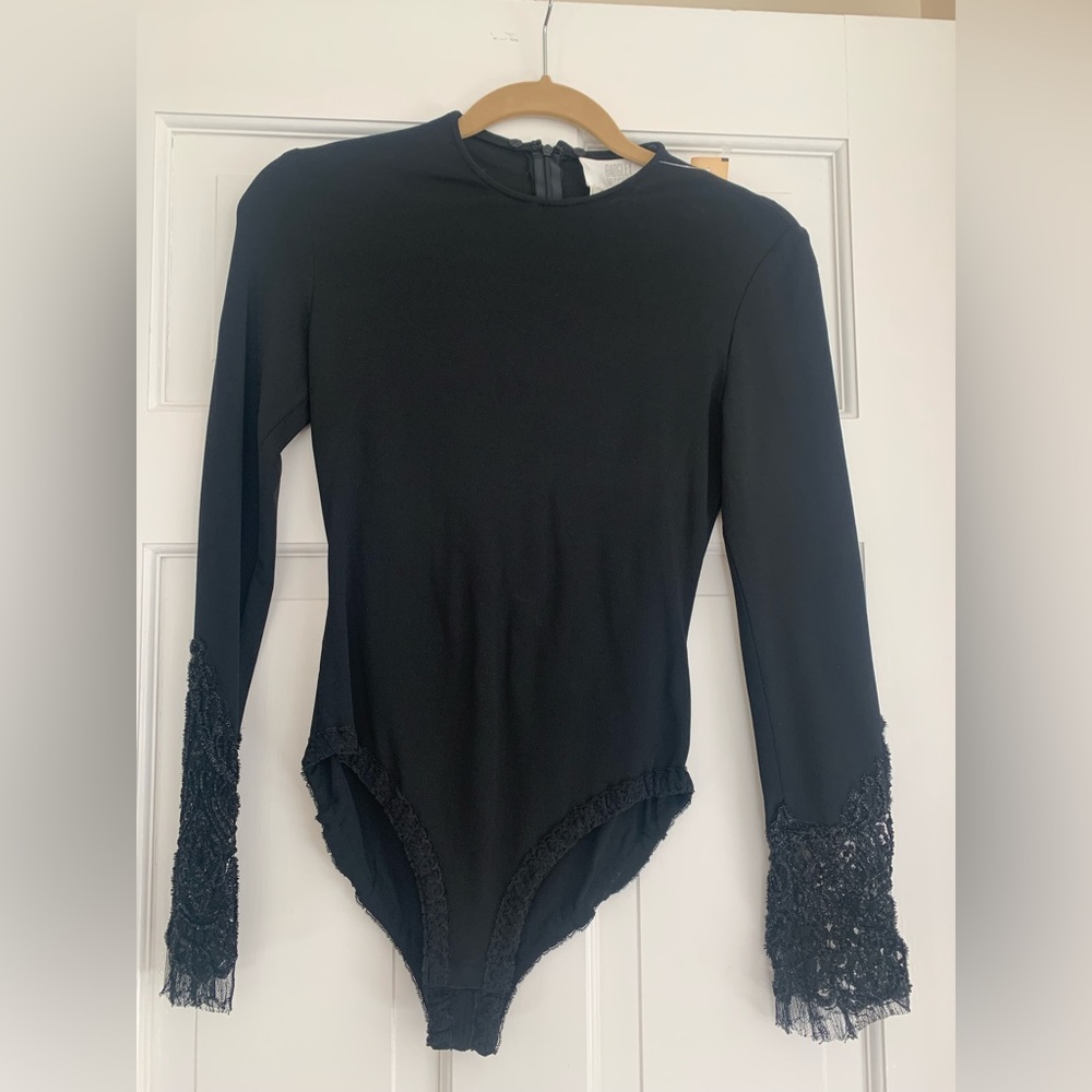 Badgley Mischa bodysuit with beaded lace sleeves.